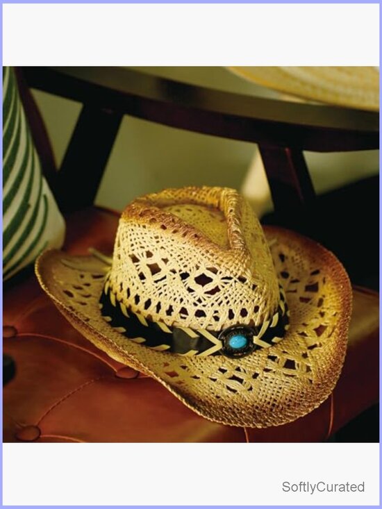 Unisex Wide Brim Raffia Cowboy Hat with Decorative Band main image 6